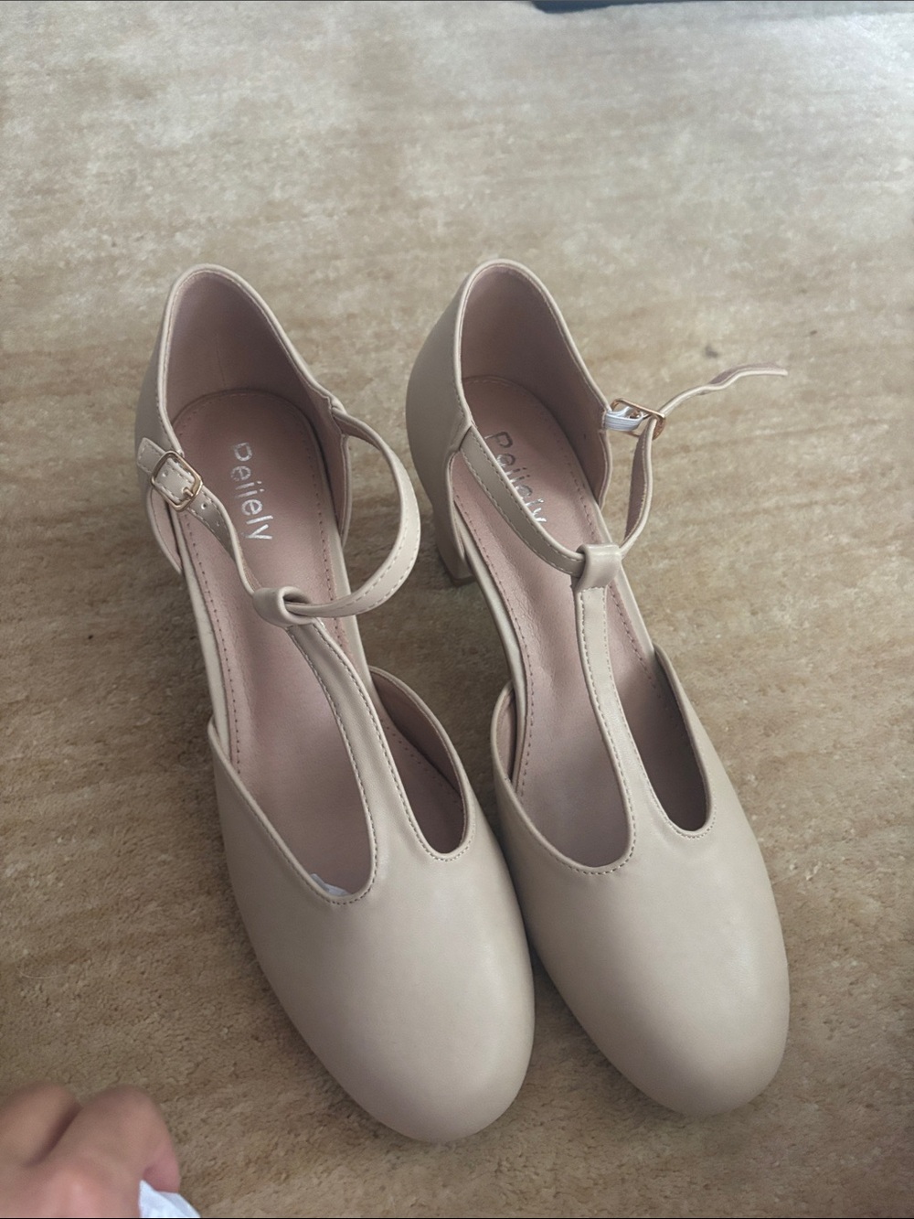 Women's T-Strap Block Heel Pumps in Beige